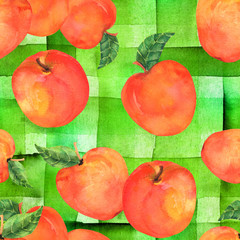 A watercolor seamless pattern with vibrant red apples on a green striped background, a vegan repeat print