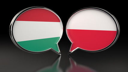 Hungary and United Kingdom flags with Speech Bubbles. 3D illustration