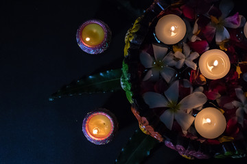 Uruli Decorated with water, diya, leaf, flowers and  tea light