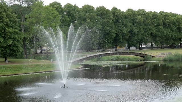 fountain in a pond in a park in P&auml;rnu, Estonia