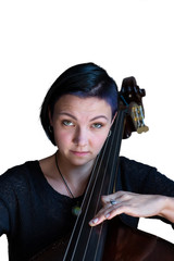 Young positive brunette playing double bass Isolated image on white background.