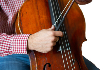 Cello playing cellist hands close up orchestra instruments Isolated image on white background.