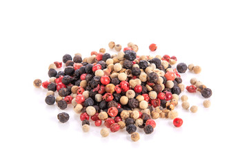 Mixed of peppers hot, red, black, white isolated on white background