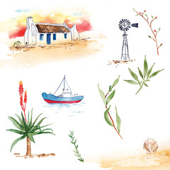 Watercolor elements of the Overberg in South Africa