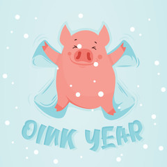 Cute winter pig make snow angel. Happy New Year of 2019, year of a pig. Vector illustration. Excellent for the design of postcard, poster, sticker, banner and so on.