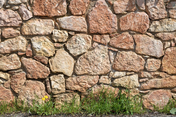 Stone Wall with Grass and Flowers - Background