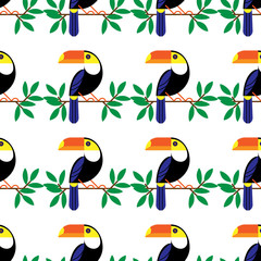 Seamless colorful painted cartoon toucan pattern. Summer background. Vector illustration on white background.
