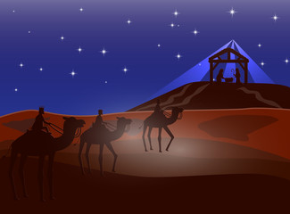 Christmas Christian Nativity Scene of baby Jesus in the manger with Mary and Joseph in silhouette surrounded by animals and the three wise men with the city of Bethlehem in the distance