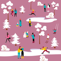 people relax in the Park in winter. people walk and play sports