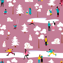 people relax in the Park in winter. seamless pattern
