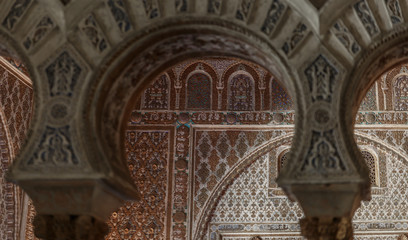  Sevilla Alcazar Ambassadors room with horse shoe arches typical moorish plaster work in Mudejar