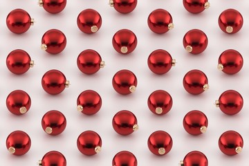 Minimal Christmas pattern. Red Christmas ornaments on white glossy background.
