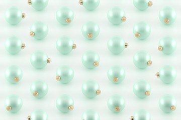 Minimal Christmas pattern. Mint green Christmas ornaments on white glossy background.