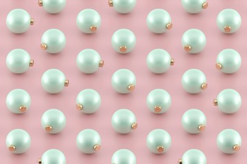 Minimal Christmas pattern. Mint green Christmas ornaments on pink glossy background.