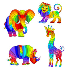 Set of illustrations with set of stained glass elements, African animals, abstract rainbow elephant, giraffe, lion and Rhino, isolated on white background