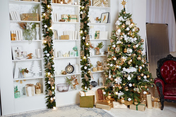 Christmas tree with gifts of red colour. New Year background