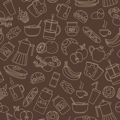 Seamless pattern on theme of food and breakfast , simple contour icons, beige  outlines on a brown background