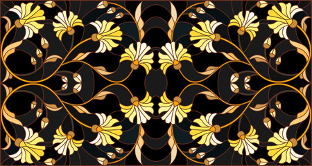 Naklejka na ściany i meble Illustration in stained glass style with floral ornament ,imitation gold on dark background with swirls and floral motifs
