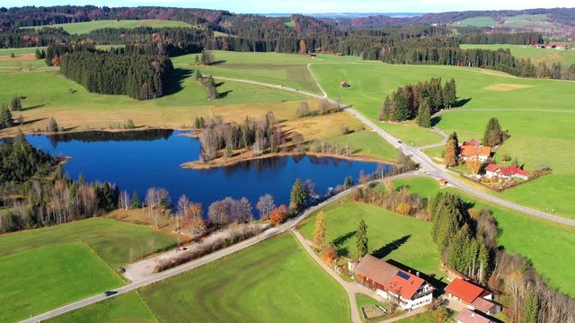 Aerial view, Flight at Schwaigsee, village Wildsteig, Bavaria, Germany