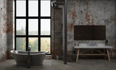 Industrial styled apartment bathroom and tub