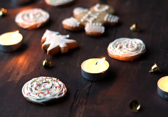 Christmas cakes and candles. A place for a label