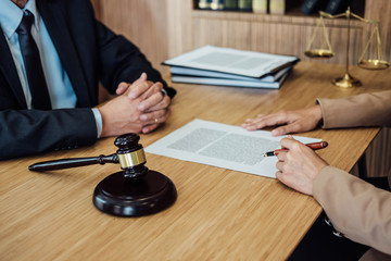 Customer service good cooperation, Consultation between a Businesswoman and Male lawyer or judge consult having team meeting with client, Law and Legal services concept