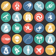 Space icons set on color circles black background for graphic and web design, Modern simple vector sign. Internet concept. Trendy symbol for website design web button or mobile app