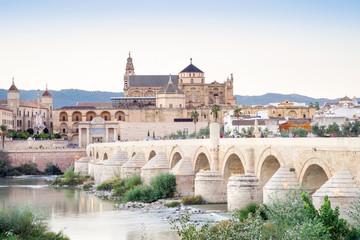 Naklejka na ściany i meble Roman bridge and cathedral - mosque by the river in Cordoba, Andalusia, Spain