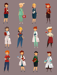 Different female or woman jobs, profession or work