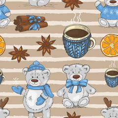 Christmas pattern with teddy bears, cups and spices