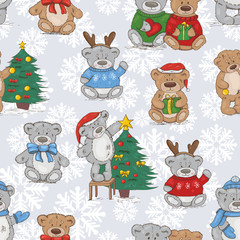 seamless pattern with cute christmas teddy bears