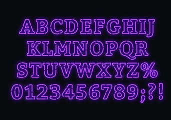 Neon purple alphabet . Bright capital letters with numbers on a dark background. Vector illustration.