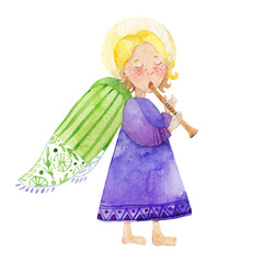 Little Angel. Silent night. Watercolor illustration