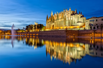 The Cathedral La Seu at Night in Palma de Mallorca