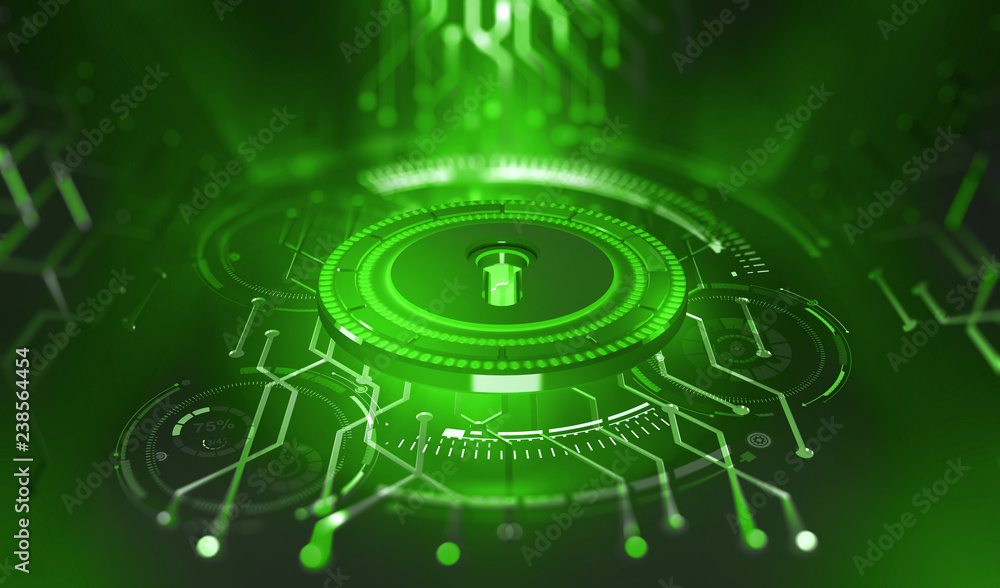 Poster Security online. Data protection. Digital key and identification. Concept of cyberspace of the future. 3D illustration on tech background