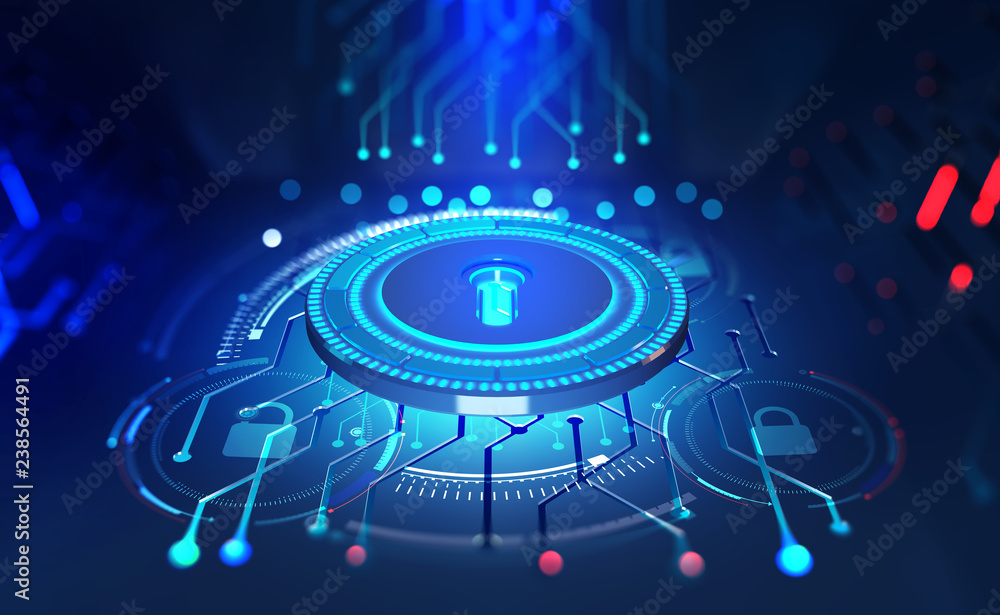 Aufkleber Security online. Data protection. Digital key and identification. Concept of cyberspace of the future. 3D illustration on tech background