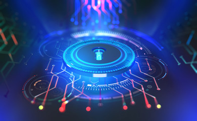 Security online. Data protection. Digital key and identification. Concept of cyberspace of the future. 3D illustration on tech background