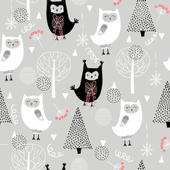 Seamless pattern with cute funny owls in the forest. Scandinavian style, for printing. Hand-drawn. - 238564463