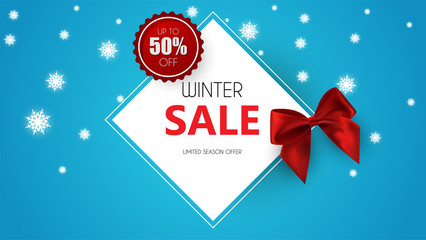 Fototapeta na wymiar Winter sale vector poster or banner with discount text, background for shopping promotion. Vector illustration.