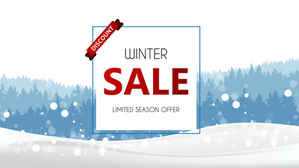Winter sale banner, vector illustration with winter landscape. Special offer. - obrazy, fototapety, plakaty