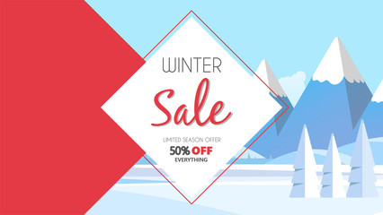 Winter sale banner, vector illustration with winter landscape. Special offer.