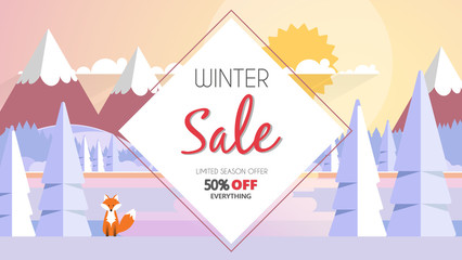 Winter sale banner, vector illustration with winter landscape. Special offer.