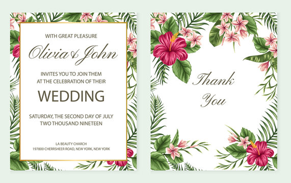 Tropical floral wedding invitation and thank you cards