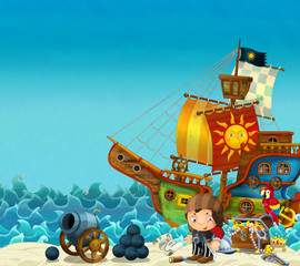 Naklejka premium Scena kreskówki plaży w pobliżu morza lub oceanu - piracki kapitan na brzegu z armatą i skarbem - statek piracki - ilustracja dla dzieci