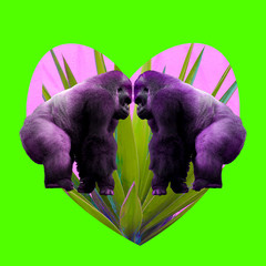 Minimal Contemporary collage art. Gorilla jungle love