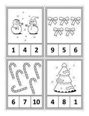 Winter holidays themed counting 1 to 10 practise for kids worksheet or four task cards (when cut along the dotted lines): Count. Circle the correct answer. Color. - Language independent.
