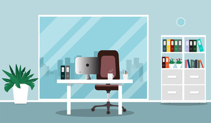 Flat office concept illustration. Chair, desk, vases, computer, window. Vector illustration