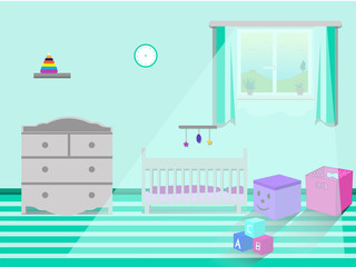 Kids bedroom interior with cot, window, box for toys, clock. Vector illustration.
