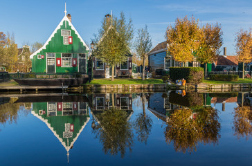 Fototapeta premium Zaanse Schans, Netherlands - considered a real open air museum, Zaanse Schans presents a collection of well-preserved historic windmills and houses