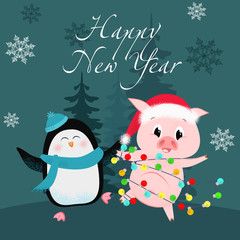 Happy New Year lettering with funny pig and penguin. New Year Day greeting card. Handwritten text, calligraphy. For leaflets, brochures, invitations, posters or banners.